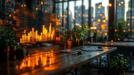 Plakat Modern office with graphs, plants, and city view