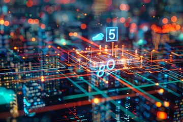 Futuristic 5G network digital hologram and Internet of Things (IoT) icons displayed over a city background,
