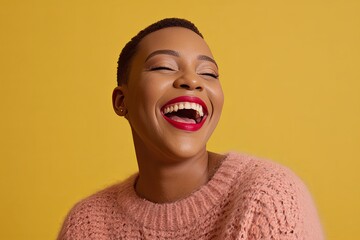 Joyful African Woman's Genuine Laughter and Radiant Smile on Yellow Background