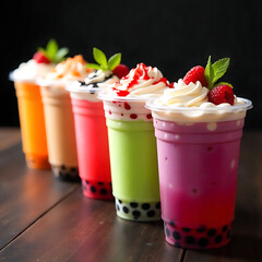 A beautiful Set of  colorful summer bubble tea, bright creamy pearl tea or latte tapioca drinks, pink berry, yellow citrus, green mint, with tapioca balls and crushed ice, on dark background.