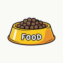 Cartoon Pet Food Bowl with Kibble – Yellow Dish Filled with Dog Food