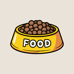 Cartoon Pet Food Bowl with Kibble – Yellow Dish Filled with Dog Food