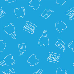 Vector seamless pattern with dental elements — teeth, implants, dentures, and dental floss on blue background.
