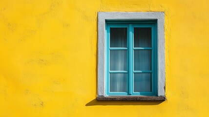 Bright yellow wall with turquoise window frame enhancing vibrant atmosphere in urban setting