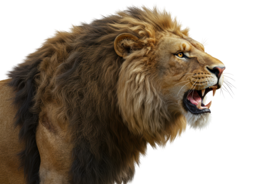 Isolated Lion snarling, side view close-up of majestic animal with golden mane in aggressive roar