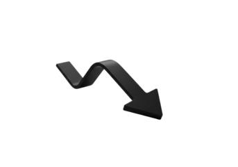 A sleek, 3D black arrow made of polished matte metal curves downwards, isolated on a pristine transparent shadowless studio background with top-down perspective, concept for data analysis and market