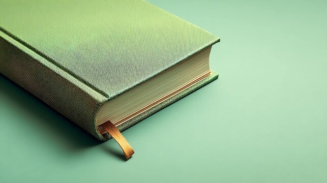 A close-up of a green book on a pastel green background, featuring a golden ribbon bookmark for added detail.