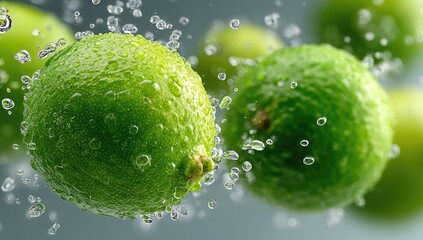 Fresh limes in water, splashes