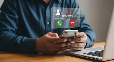 Man receives suspicious unknown call on smartphone, alert icon signals potential scam or spam, decision to answer or reject