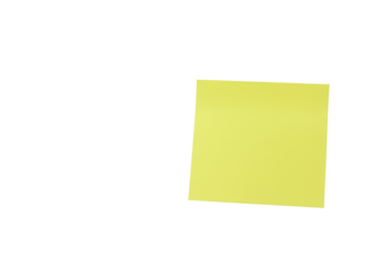 A vibrant yellow sticky note with a curled corner rests on a transparent surface, casting a soft shadow, with copy space, symbolizing new beginnings and organization