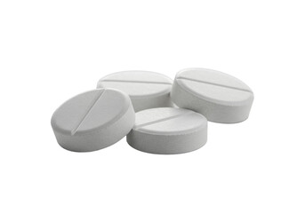 Four transparent, perfectly round pharmaceutical tablets, score lines, on a textured white surface, transparent background, soft diffused high-key studio lighting. Concept of medical precision