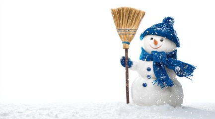 Cheerful Snowman with Broom and Blue Accessories in a Winter Wonderland on White Background