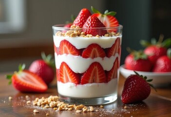 delicious creamy yogurt parfaits layered fresh juicy strawberries indulging healthy dessert delight, fruit, bowl, smoothie, whipped, granola, breakfast