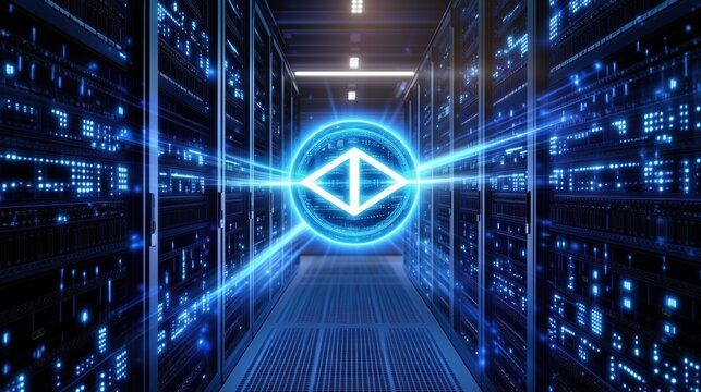 Data Center with Neon Symbol