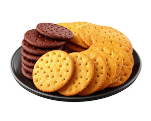 Round cracker chocolate cracker and golden cracker arranged on black plate crispy texture savory snack appetizer party food isolated on transparency background delicious and inviting