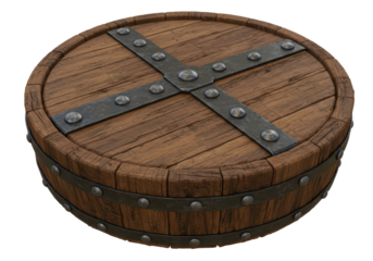 Isolated rustic wooden barrel or container with metal hardware for storing items