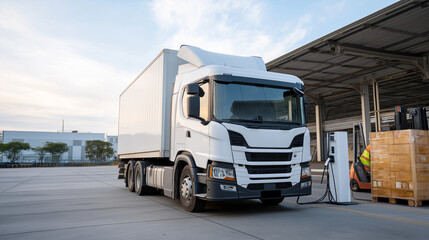 Electric freight truck charging at a high powered station while loading dock workers secure cargo pallets showcasing the intersection of green technology and traditional logistics
