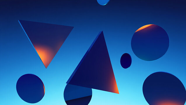 Abstract Geometric Composition with Triangles and Circles on a Blue Gradient Background