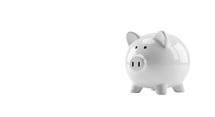 transparent ceramic piggy bank with subtle black details on a reflective white surface against a transparent void, high-key studio product shot, clean financial well-being concept