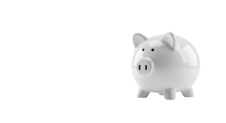 transparent ceramic piggy bank with subtle black details on a reflective white surface against a transparent void, high-key studio product shot, clean financial well-being concept