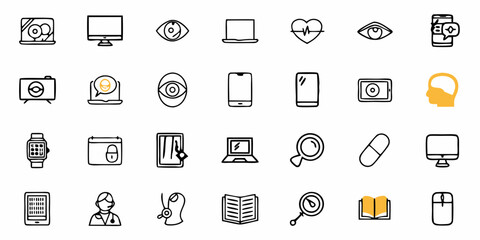 Diverse icon set representing technology, health, communication, and education concepts for modern designs