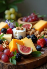 elegant cheese platter artfully arranged fresh fruits gourmet selection cheeses colorful accents, nuts, appetizer, presentation, variety, elegance