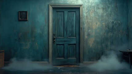Mysterious teal door, foggy room, horror scene