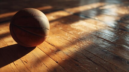 A close-up of a basketball resting on a polished wooden floor, illuminated by natural light.