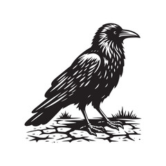 Obraz premium Black and White Vector Crow Silhouette on Rugged Western Landscape