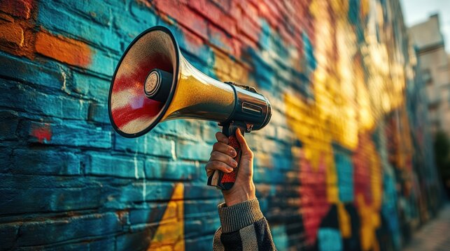 A vibrant mural background showcases a person holding a megaphone, symbolizing expression and communication in an urban setting.