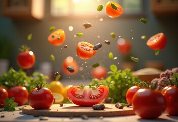 floating gourmet ingredients majestically hovering mid air culinary artistry extraordinary visual delight, vegetable, fruit, spice, herb, fusion