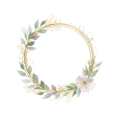 Fototapeta premium Delicate golden circular frame, green/purple watercolor botanicals, golden flowers, splatters, on white background, studio flat lay, Concept of elegant design, natural beauty