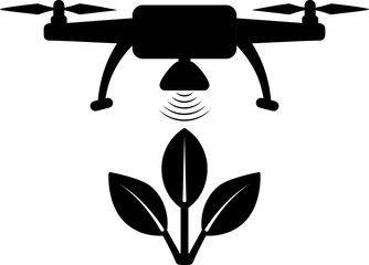 Agricultural Drone Monitoring Icon. Black and white vector symbol for smart farming and crop surveillance. Glyph for precision agriculture technology.