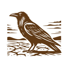 Obraz premium Black and White Vector Crow Silhouette on Rugged Western Landscape