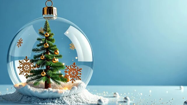 elegance of a Christmas tree inside a crystal globe, Merry Christmas and New Year greeting card, banner in pastel blue, zoom in, , rotation