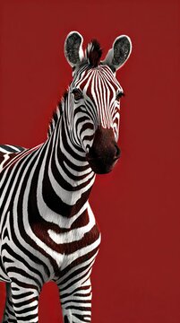 High-Quality 3D Render of a Sleek Realistic Zebra with Bold Stripes against a Vibrant Red Backdrop