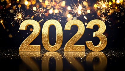 Gold 2023 numerals on dark background with firework bokeh