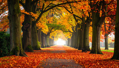 Fototapeta premium Autumn trees displaying vibrant foliage lining a path in a serene park