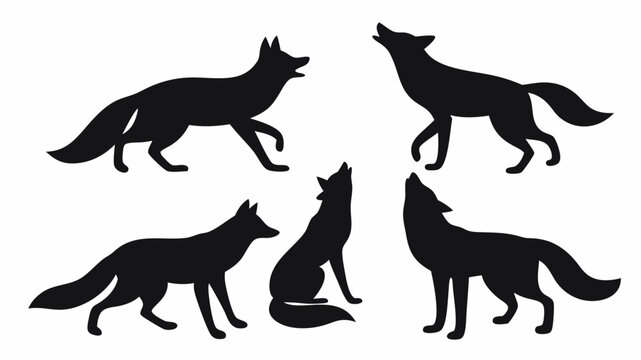 Silhouette depiction of five wolves in various poses including standing walking and howling at the sky above | editable eps vectors
