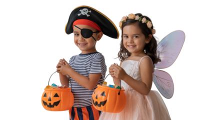 Children in Halloween Costumes with Pumpkin Buckets