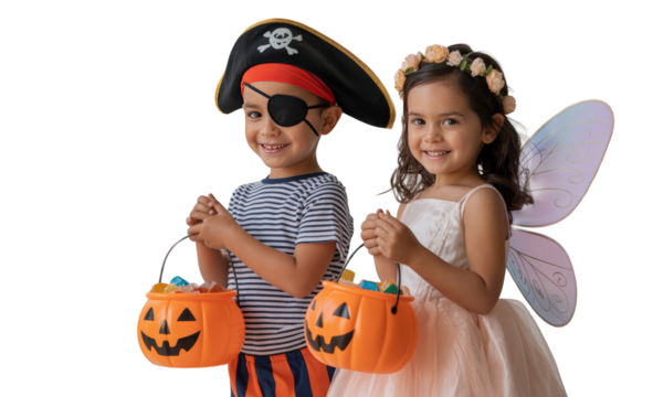 Children in Halloween Costumes with Pumpkin Buckets