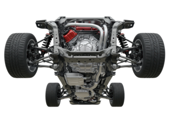 Isolated car chassis with engine and suspension system shown from underneath angle view