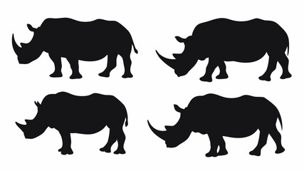Fototapeta premium Silhouette depiction of four rhinoceroses in varying poses and orientations against a white background space | editable eps vectors