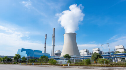 Nuclear reactor containment structure with cooling towers releasing steam surrounded by security perimeters monitoring stations and emergency response equipment in pristine