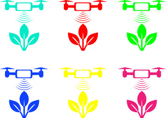 Colorful Agricultural Drone Icon Set. Vector collection of smart farming symbols showing a drone spraying crops. Icons for precision agriculture and agrotech.