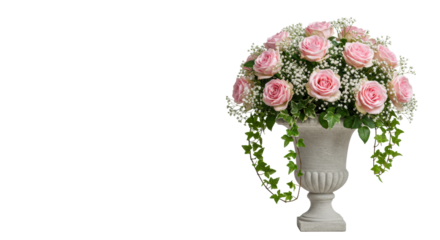 A lush, artfully arranged bouquet of soft pink roses, white gypsophila, and green ivy in a light grey stone vase against a transparent background with copy space, concept of elegant floral beauty