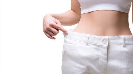 woman body weight loss and pulling her pants and showing that lost weight and become slimmer