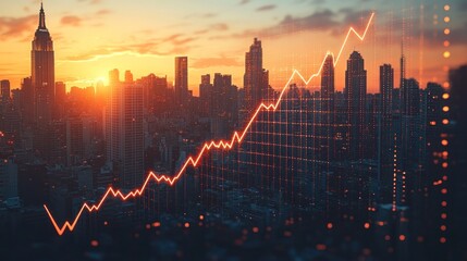 NYC skyline with rising graph, sunrise