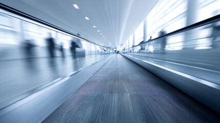 moving walkway in an airport with subtle motion blur toward a vanishing point, cool greys and blues, sense of steady forward momentum