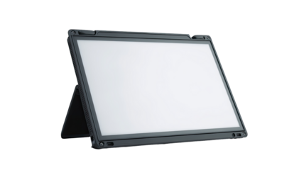Tablet computer, angled, blank screen, dark gray case